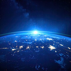 Obraz premium Earth from space, sunrise over continents. Vast expanse of dark blue space. Earth's horizon, illuminated by a bright sunrise, shows continents with city lights