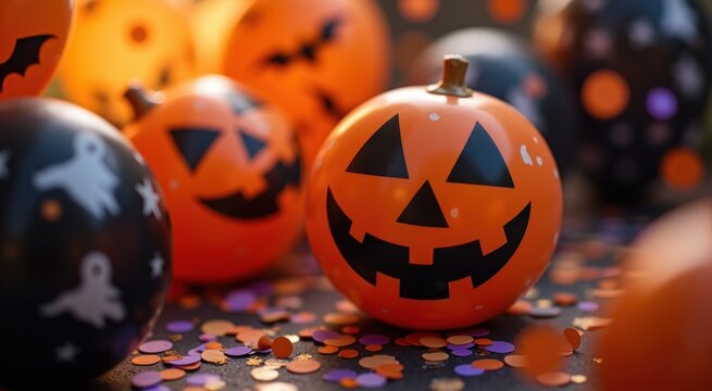 A close up of a group of halloween balloons with faces on them