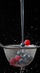 Vibrant fresh berries, including blueberries and raspberries, being gently rinsed under cool running water in a fine mesh strainer ,colorful ,ingredients ,fresh produce