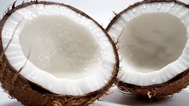 Fresh ripe tropical coconut fruit split in two halves showing white flesh on a clean white background.