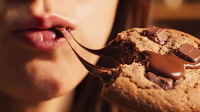 Close-up: Indulgent bite into a warm, gooey chocolate chip cookie with melted chocolate strings.