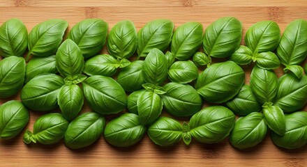 Vibrant fresh green basil leaves displayed closely together on a plain wooden surface, ready for cooking a delicious meal or making fresh pesto ,edible ,pesto ,raw