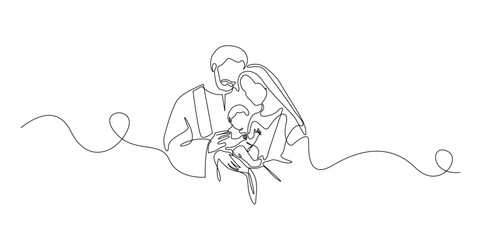 Continuous line drawing of the Holy Family.adult man and woman  holding a newborn baby.single line suitable for Christmas themes,nativity designs,spirituality.