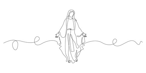 Continuous line drawing of Mother Mary standing with open arms.symbolizing compassion, grace, and divine protection.Single line for religious themes,spirituality,faith-based artwork.