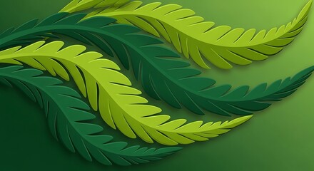 Serene Botanical Arrangement of Dimensional Green Ferns on Green Background