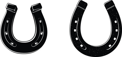 Two black horseshoe good luck symbols for equine sport and cowboy culture isolated on transparent background vector illustration of western theme elements