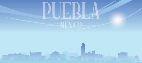 Fototapeta premium Blue panoramic poster of the city skyline with misty background buildings and clouds of PUEBLA, MEXICO