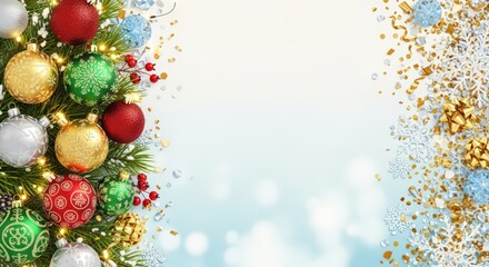 Festive christmas decorations with ornaments and snowflakes winter wonderland background digital illustration cozy holiday vibes close-up view celebration of joy and togetherness