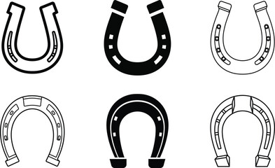 Set of horseshoe silhouettes outline style vector graphics collection various designs lucky charm symbol wild west icon western emblem traditional rustic object