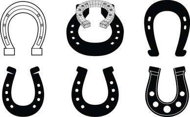 Set of horseshoe silhouettes solid and outline styles vector graphics collection various designs lucky charm symbol wild west icon western emblem traditional rustic