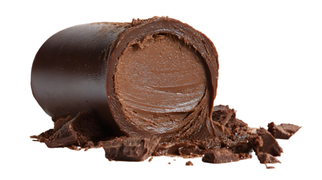 Close up of a chocolate truffle with melted edges isolated on transparent background