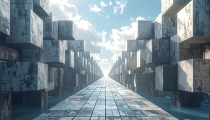Surreal perspective of floating cubes leading to a sunlit horizon