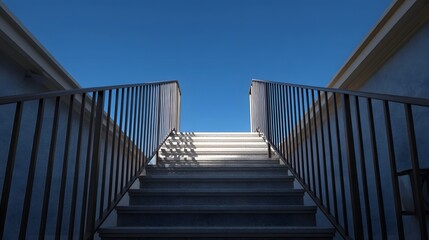 Outdoor staircase with metal railings leading up to a clear blue sky sunlight casting shadows on the steps