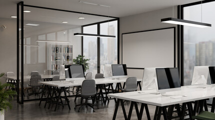Modern white open space office interior with city scape 3d render