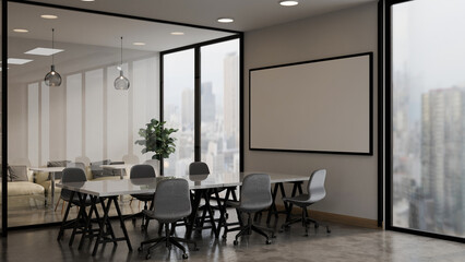Fototapeta premium Modern white open space office interior with city scape 3d render