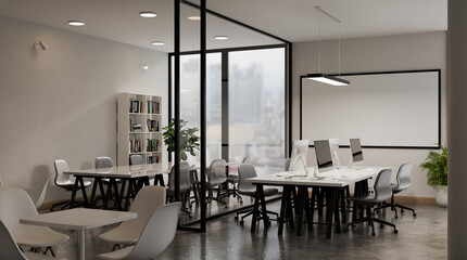Modern white open space office interior with city scape 3d render