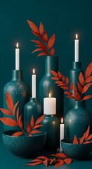 Tranquil teal still life with candles and copper foliage for elegant mood
