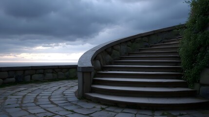 Serene stone staircase ascends along a coastal pathway beneath a dramatic moody sky overlooking the ocean at dawn