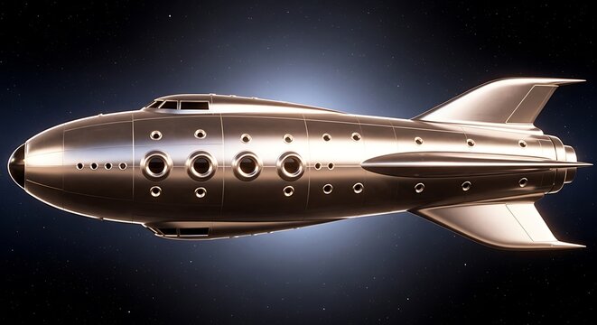 Retro futuristic silver blimp or airship with porthole windows floating in outer space