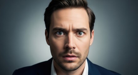 Fototapeta premium Man with wide eyes looks surprised with furrowed brow, intense gaze