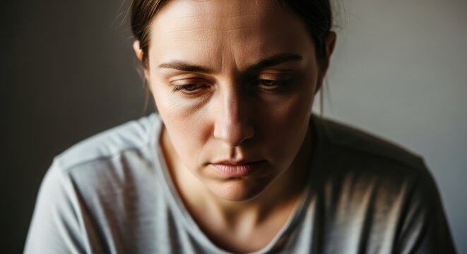 Close up of a sad woman with eyes downcast, feeling deep sorrow