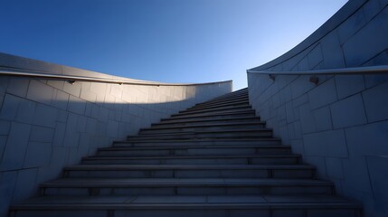 A curved stone staircase ascends towards a clear blue sky with sunlight casting dramatic shadows across the steps