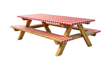 Traditional wooden picnic table with red checkered tablecloth