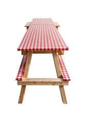 Empty wooden picnic table with red and white checkered tablecloth