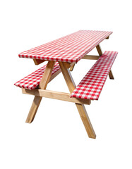 Wooden picnic table with red white checkered cloth, outdoor eating