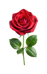 Vivid single red rose blooming with stem and lush green leaves.