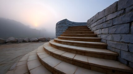 Curved stone staircase ascends into a misty dawn landscape with soft light
