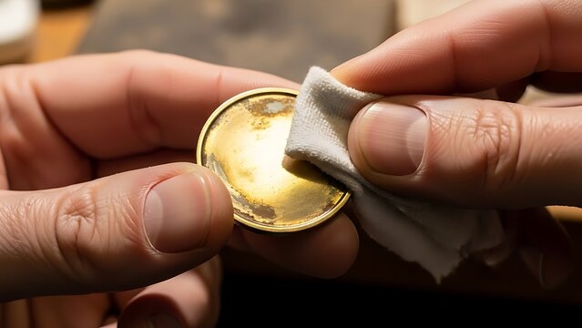 Detail Shot of Person Cleaning Tarnished Golden Medallion with Soft Cloth