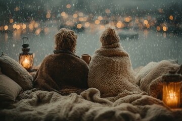 A couple sitting by the window wrapped in a blanket. Generative AI