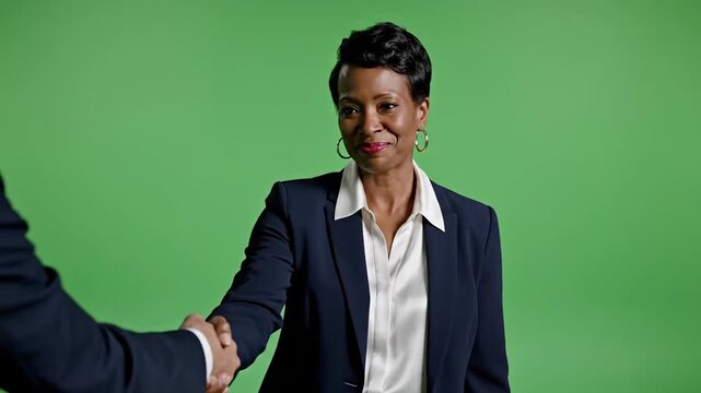 An astute African American businesswoman confidently seals a deal with a firm handshake, showcasing professional partnership and corporate success