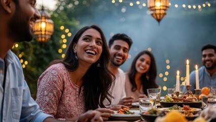 Group of diverse people laughing and enjoying a festive dinner outdoors at an evening party with warm lights
