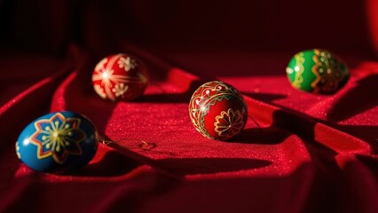 Ornate traditional easter eggs with intricate patterns on a luxurious red sparkling fabric surface in bright light