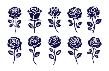 Set of ten rose flower plant with leaves in silhouette style, isolated on white background