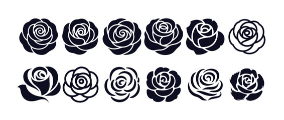 Rose black silhouette set botanical floral decorative elements without stem isolated on white background
