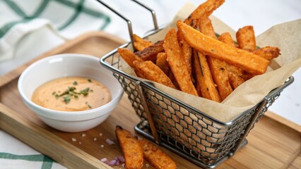 A close-up shot of sweet potato fries in a wire basket with a side of dipping sauce on a wooden tray against a clean white background with warm tones.