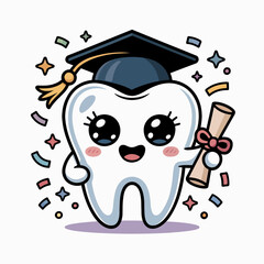 Fototapeta premium A joyful tooth character wears a graduation cap and holds a diploma.