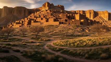 Ancient fortified village nestled into rocky mountains during golden hour in a dry desert landscape