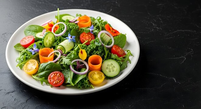 Colorful Garden Salad With Edible Flowers And Fresh Vegetables food healthy eating