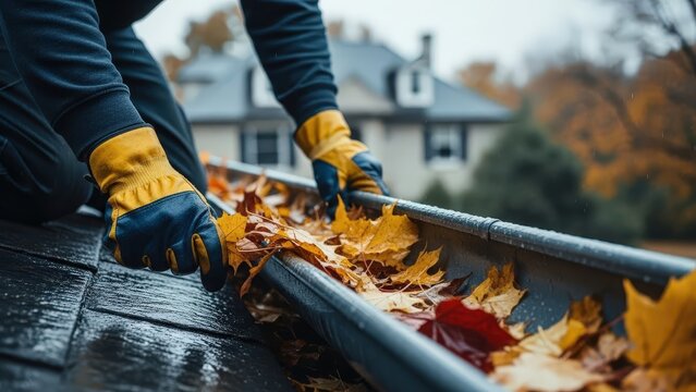 Homeowner in work gloves cleaning colorful wet autumn leaves from a house rain gutter on a roof