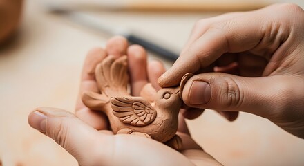 Hand crafting a clay bird figurine, artistic expression and creativity