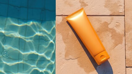 Orange sunscreen tube lying on a poolside tile next to clear blue swimming pool water on a bright sunny day
