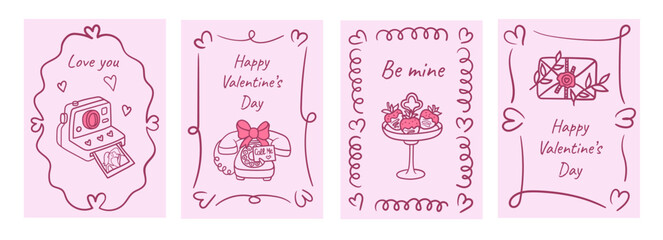 Playful pink Valentine card set with hand-drawn frames featuring instant camera, rotary telephone with bow, chocolate strawberries, and sealed envelope, perfect for romantic greeting and invitations.