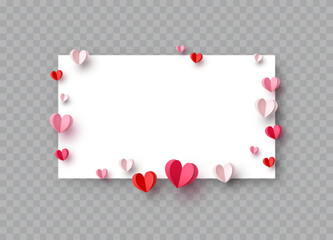 Paper elements in shape of hearts with pink frame on transparent background. Vector symbols of love for Happy Mother's, Valentine's Day or birthday greeting card design
