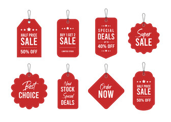 Set of tags, attractive modern elegant offer price tag in different size and shape, catchy offer text, promotional tags banners, red color