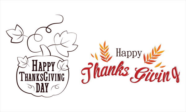Happy thanksgiving day and happy thanks giving lettering with pumpkin outline and autumn leaves on white background. - Powered by Adobe