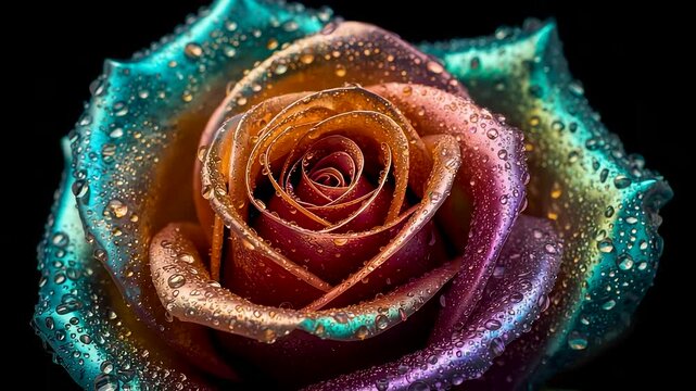 Vibrant multicolor rose covered in sparkling water droplets, showcasing rich petal textures, glowing highlights and dramatic contrast against dark space